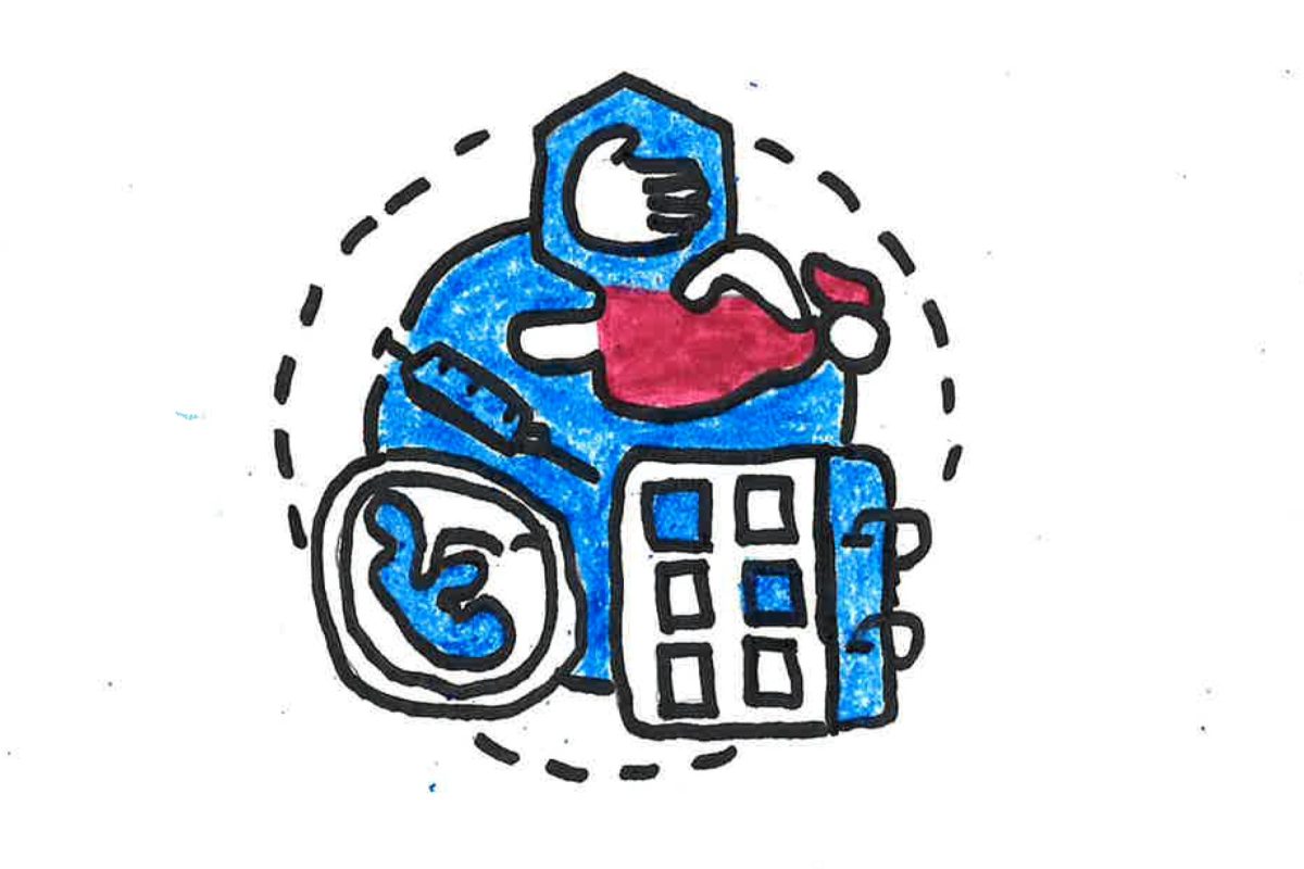 A drawing representing healthcare, pregnancy and reproductive rights accompanies an opinion piece discussing abortion laws and medical exceptions in the United States. (Illustration by Joaquin Juarez)