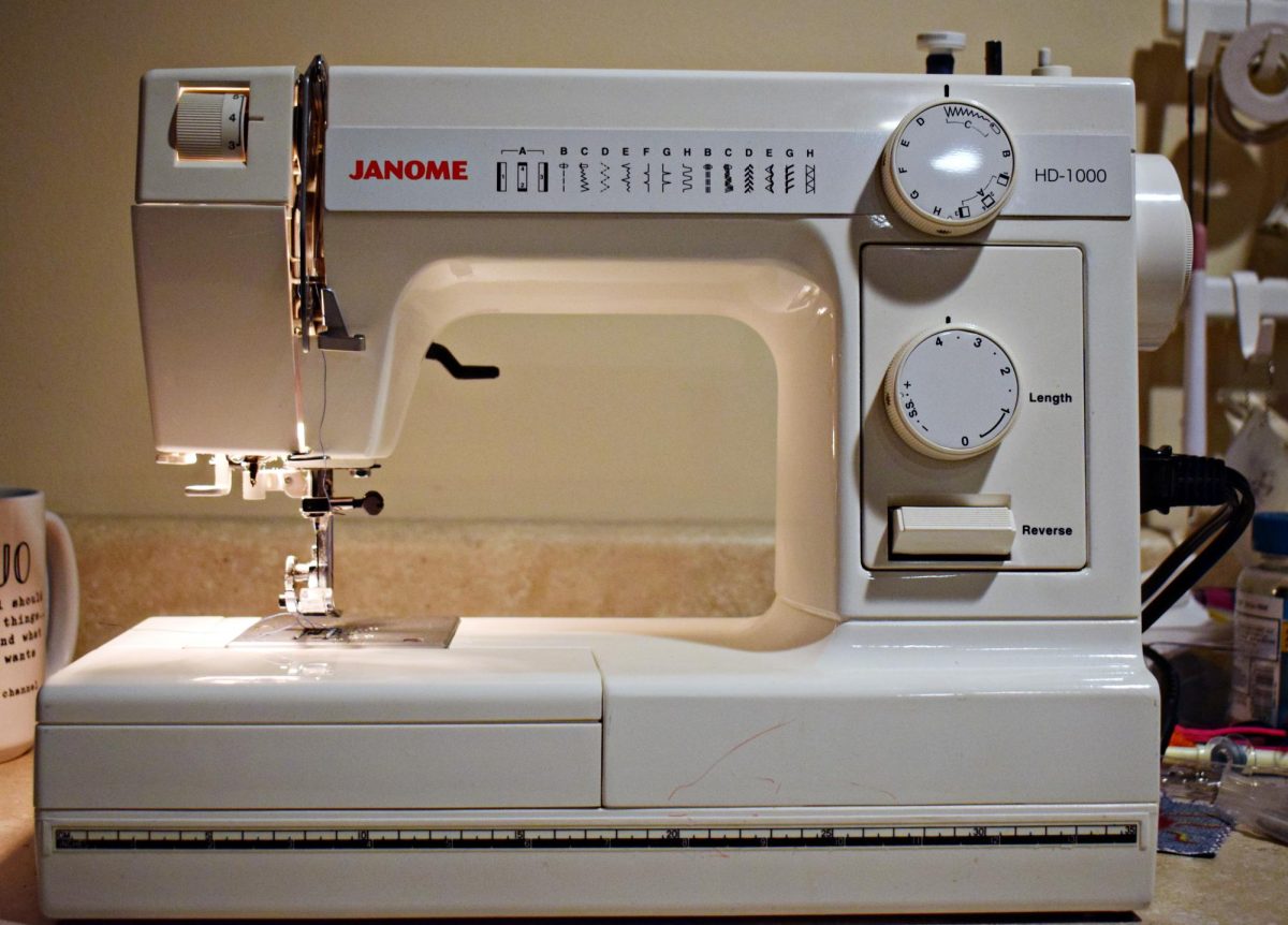 A Janome computerized sewing machine, with multiple stitching options.