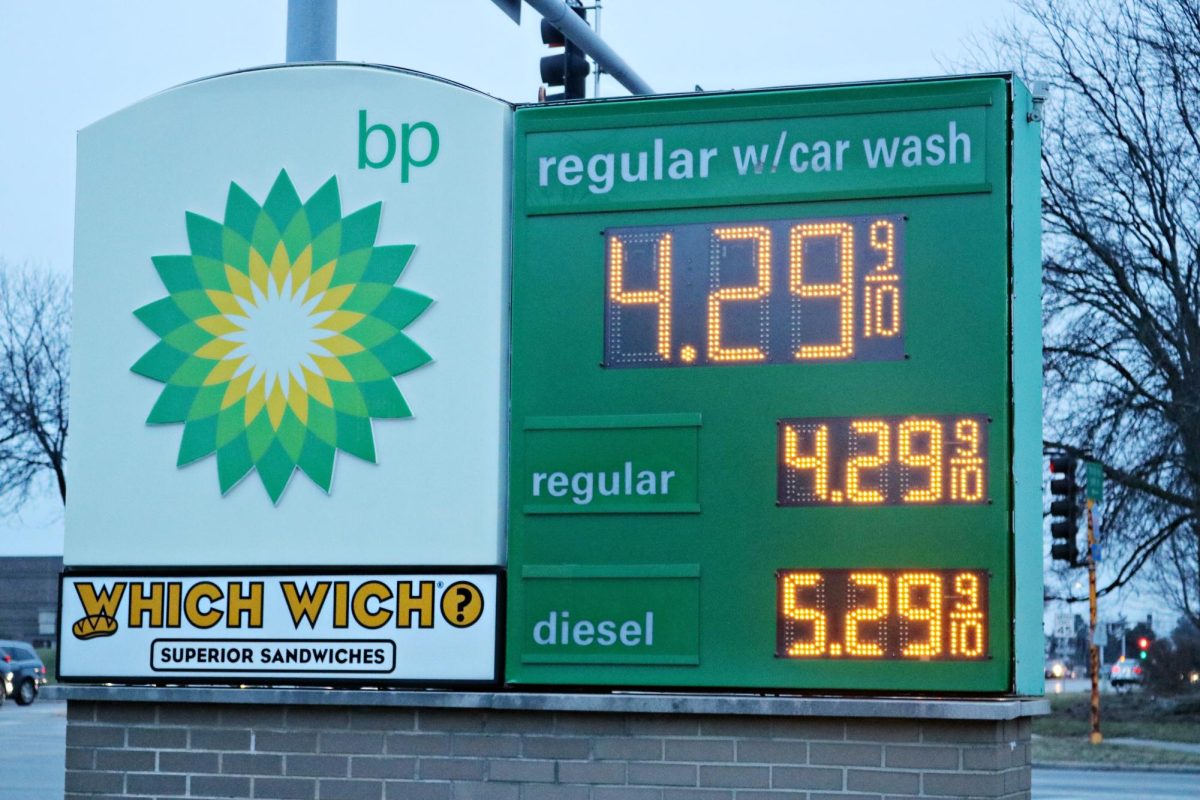 Sign showcasing high gas prices at the BP gas station on the corner of Gary Ave. and W Shick Rd. on March 20.
