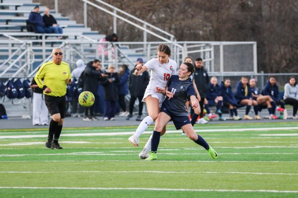 Midfielder and junior Ana Hurtado wins a battle in the midfield, and then goes on to pass to freshman Jocelyn Lopez.