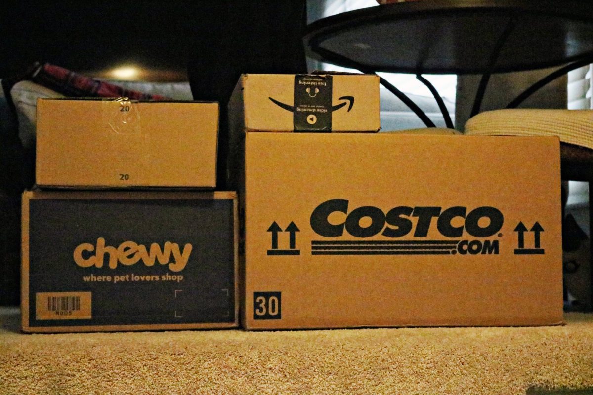 Packages sit inside a West Chicago home on March 10, illustrating how frequent online purchases contribute to growing patterns of overconsumption.
