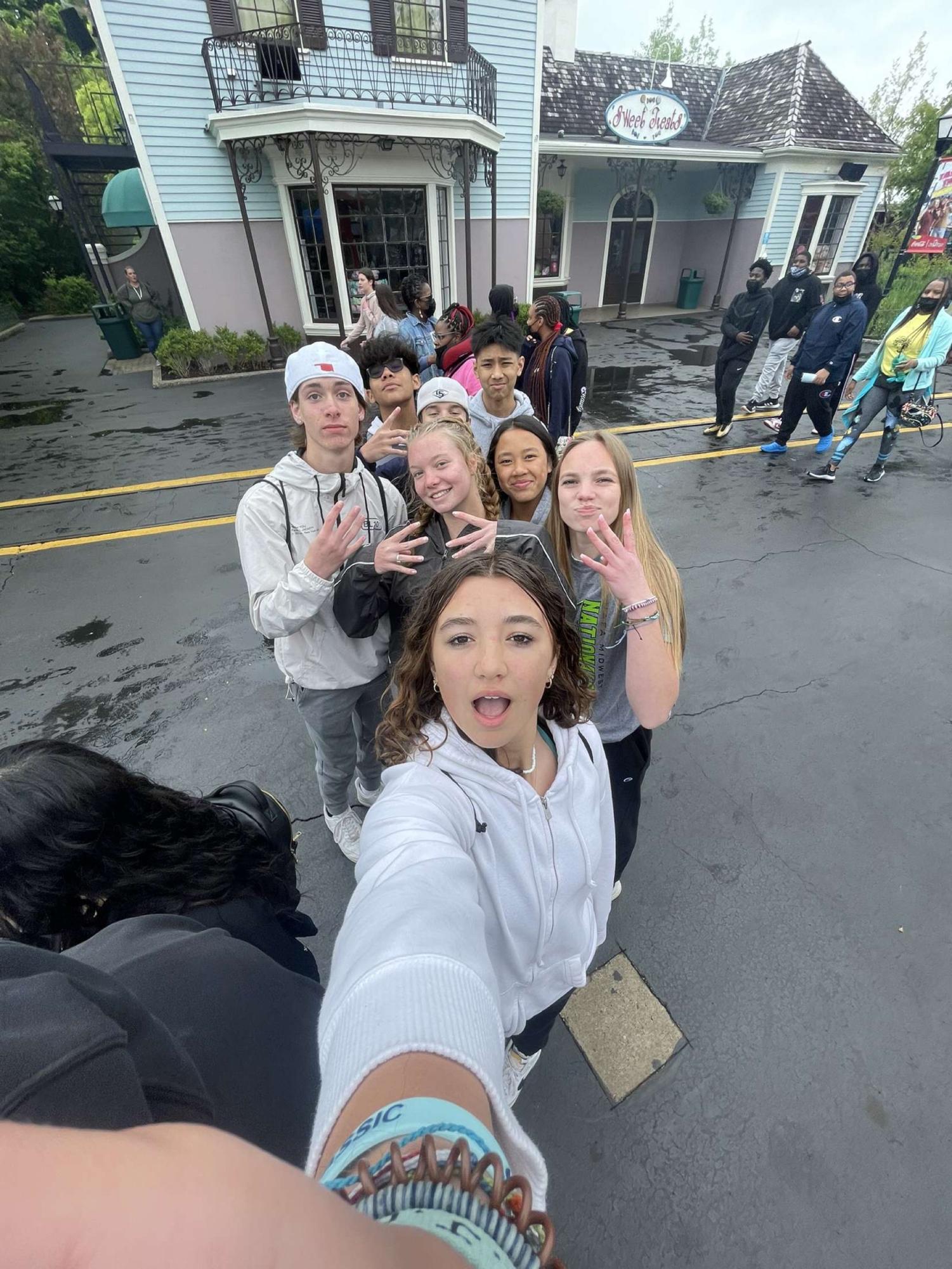 Now seniors (back to front) AJ Rotger, Brian Nguyen, Sam Zalak, Eli Tate, Haylee Majer, Alaina Tran, Juliet Payton, and Taylor Frake attended Benjamin Middle School’s eighth-grade Six Flags trip in May 2022. This spring, they will have the chance to return to the park with their classmates for WEGO’s senior Six Flags Grad Night. (Photo courtesy of Taylor Frake)