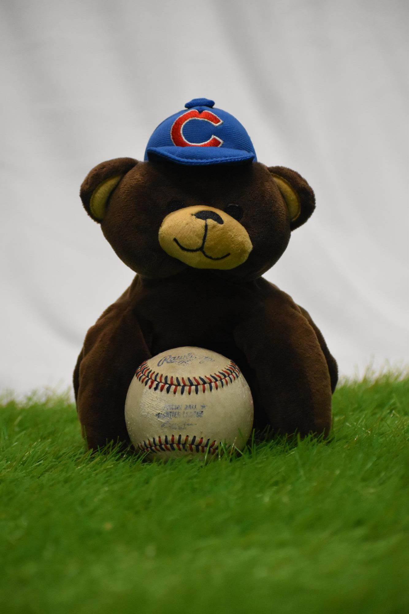 A Cubs plushie poses with a game used ball. 