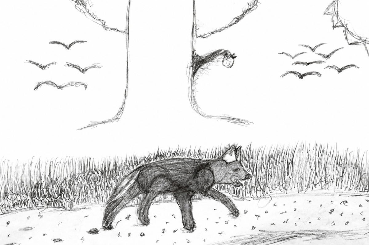 A hand-drawn illustration depicts a coyote walking through a wooded area, reflecting increased sightings reported across DuPage County during breeding season. (Illustration by Corvin Brown)