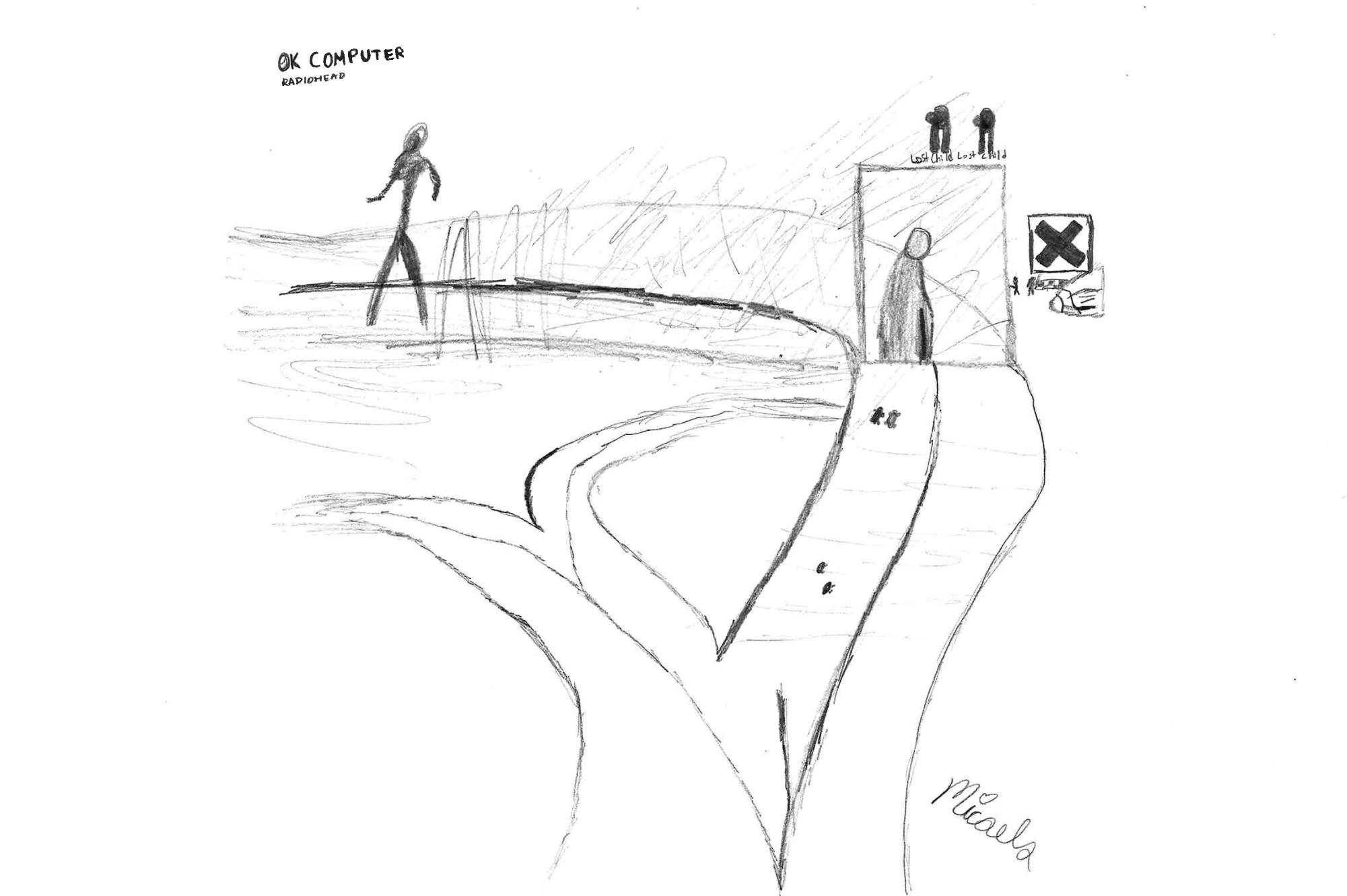 Drawing inspired by the cover of Radiohead’s “OK Computer,” which features a Connecticut highway interchange and reflects the album’s themes of modern isolation and technology.